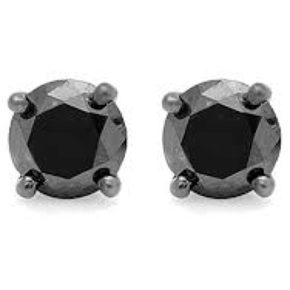 2 ct. Each Round Cut Black Diamond Solitaire Stud Earrings In Black Gold - Picture 1 of 16